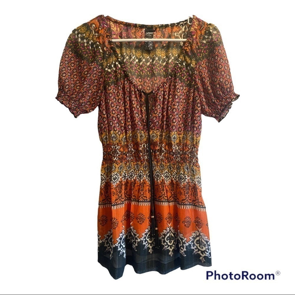 Guess Gypsy Sheer V-neck Blouse Leather Tassels Womens Small, Red, Orange, Black